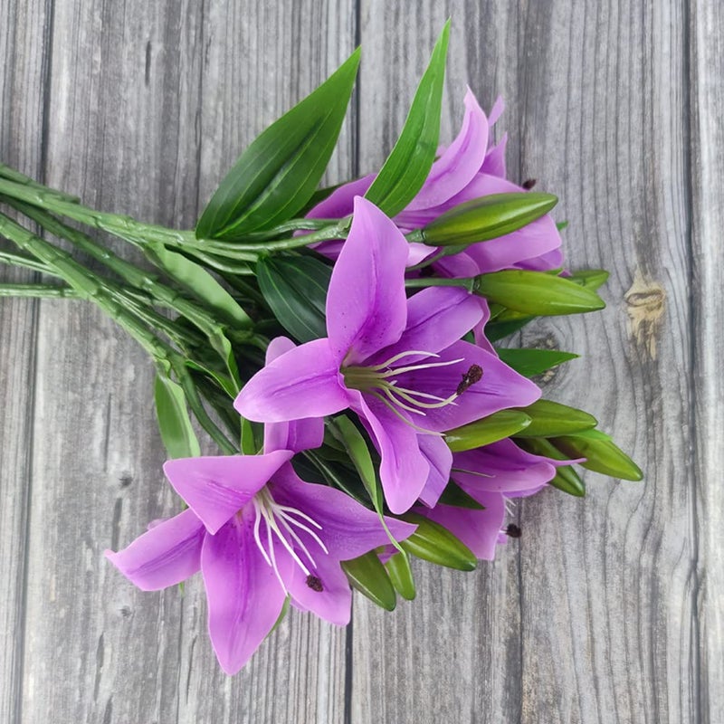 AntranStore 7 Pcs Artificial Lily Flowers Artificial Lilies Flowers for Home Wedding Bouquets Home Hotel Party Decor Graves Arrangement (Purple) - Image 4
